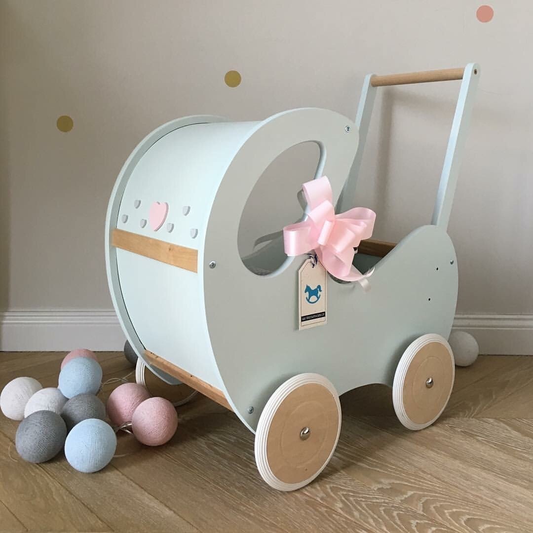 Handmade Wooden Doll Pram Mint & Natural Wood