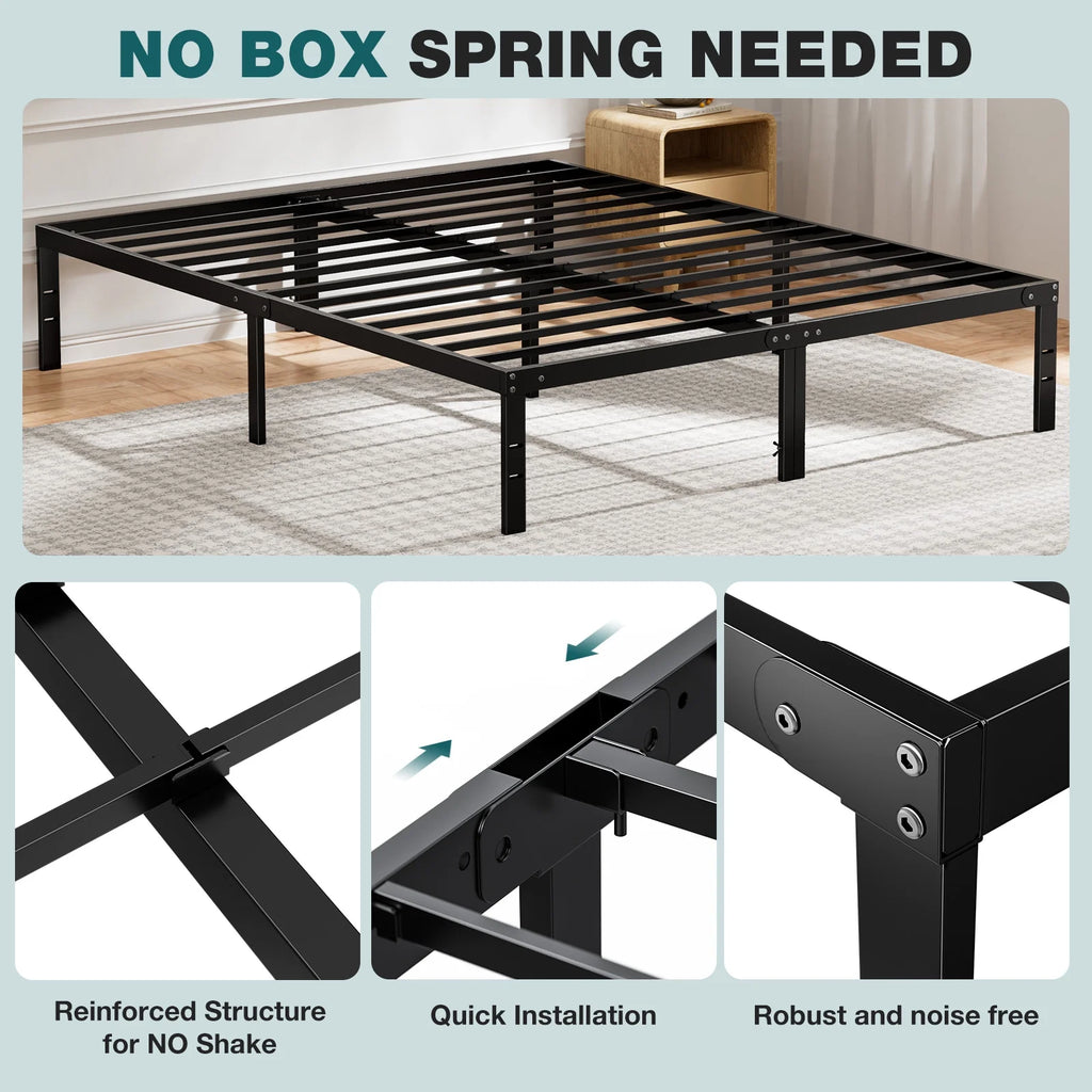 14 Inches Queen Bed Frame, Heavy Duty Metal Platform with Storage Space under Frame, No Box Spring Needed Queen Size Bed Frame, Black