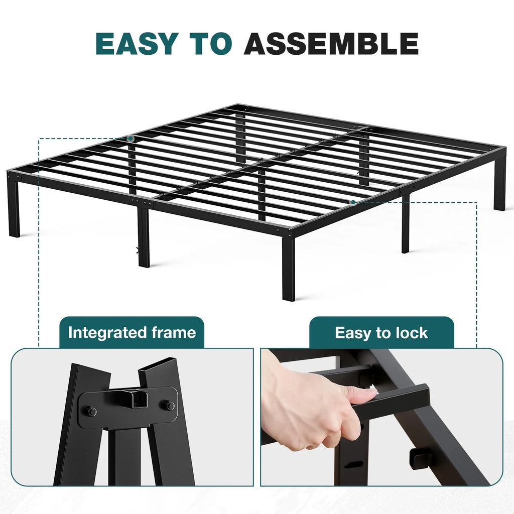 14 Inches Queen Bed Frame, Heavy Duty Metal Platform with Storage Space under Frame, No Box Spring Needed Queen Size Bed Frame, Black