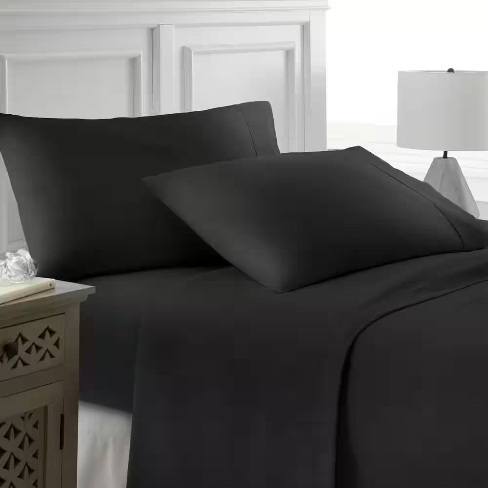 4-Piece Black Solid Microfiber Queen Sheet Set
