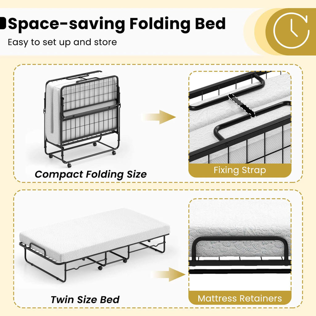 Twin Size Folding Bed 38" X 75" Rollaway Guest Bed Portable Sleeper Bed