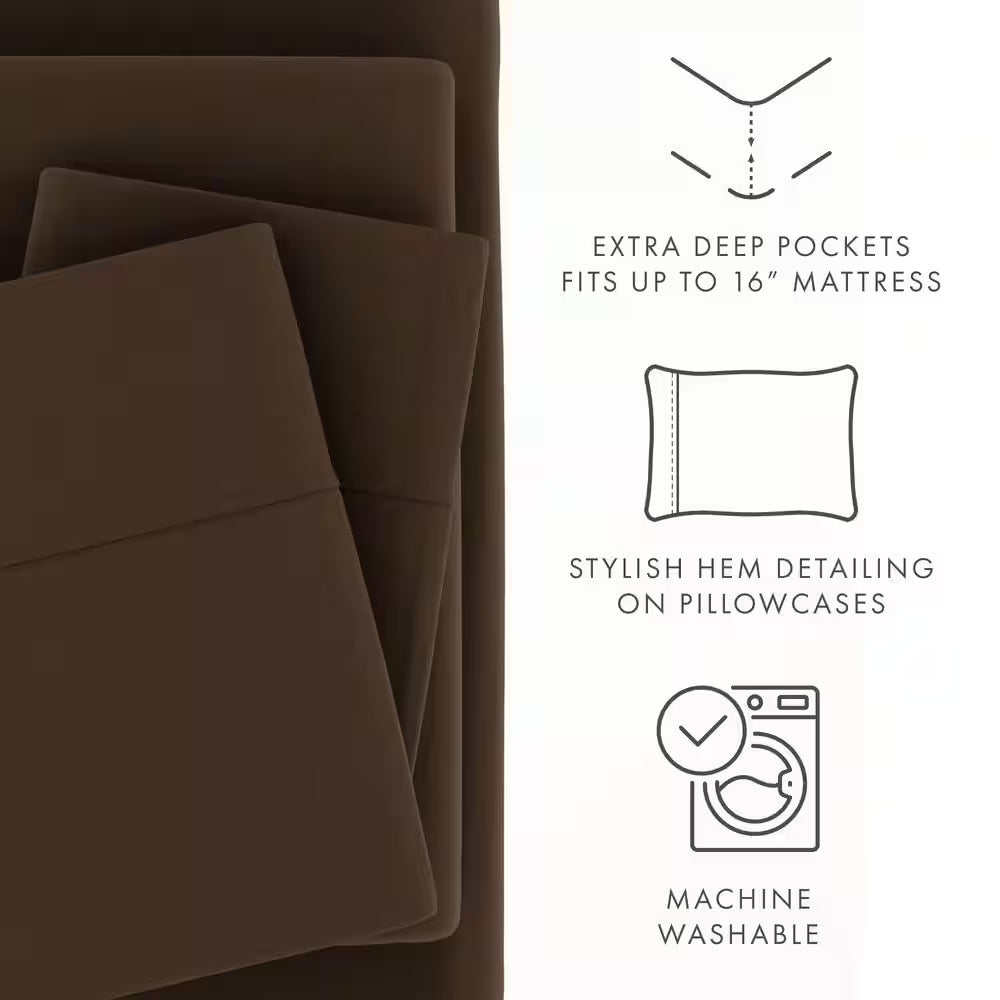 3-Piece Chocolate Solid Microfiber Twin Sheet Set