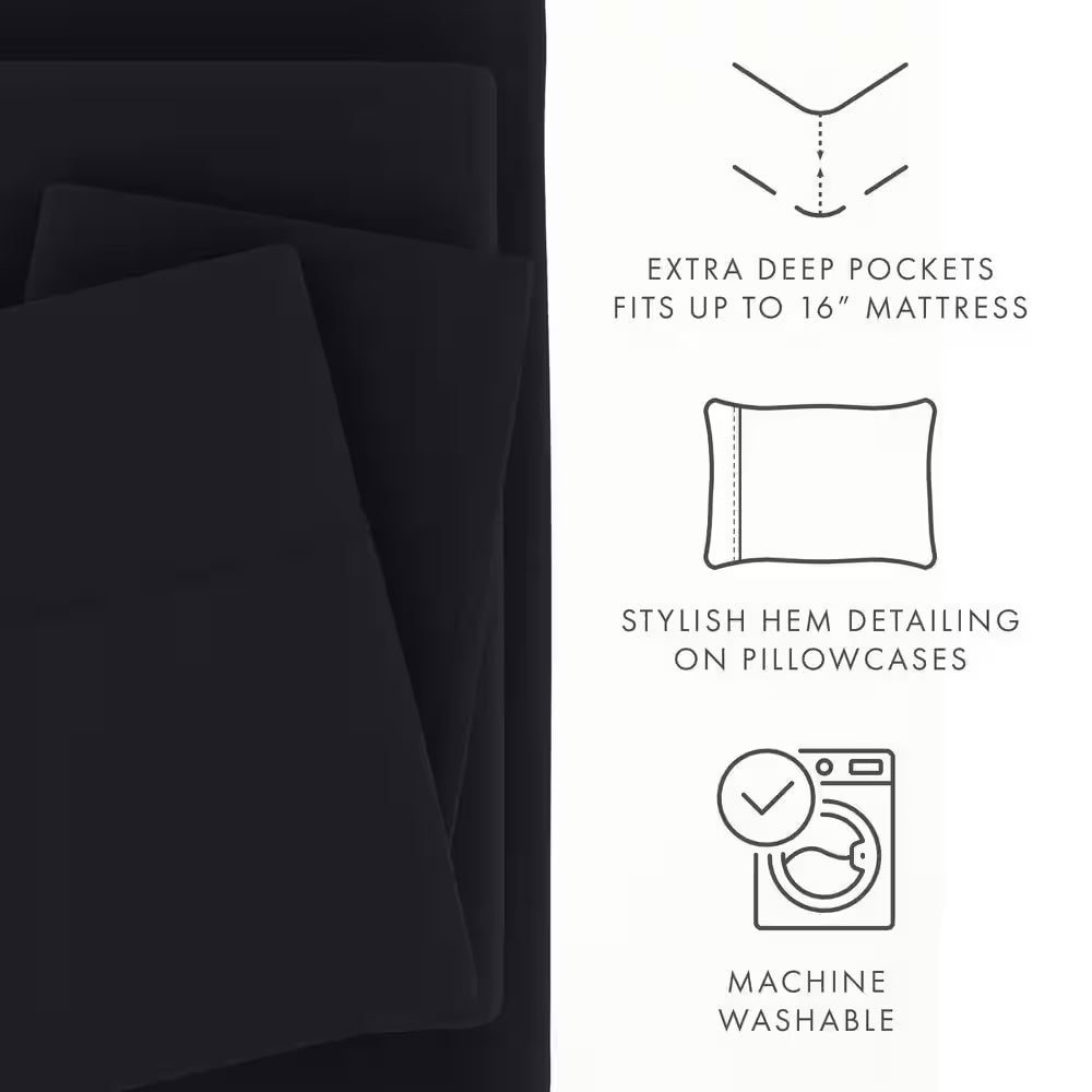 4-Piece Black Solid Microfiber Queen Sheet Set