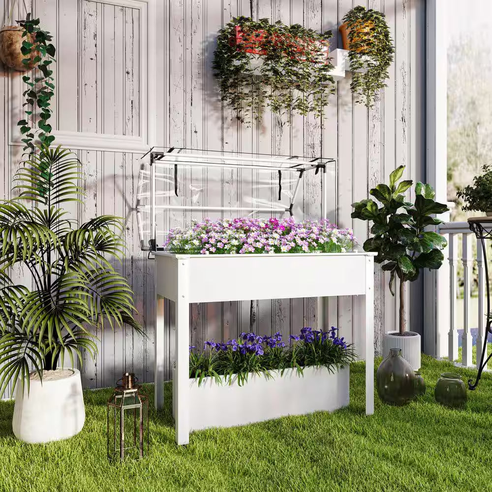 Steel Raised Garden Bed with Greenhouse Cover, White