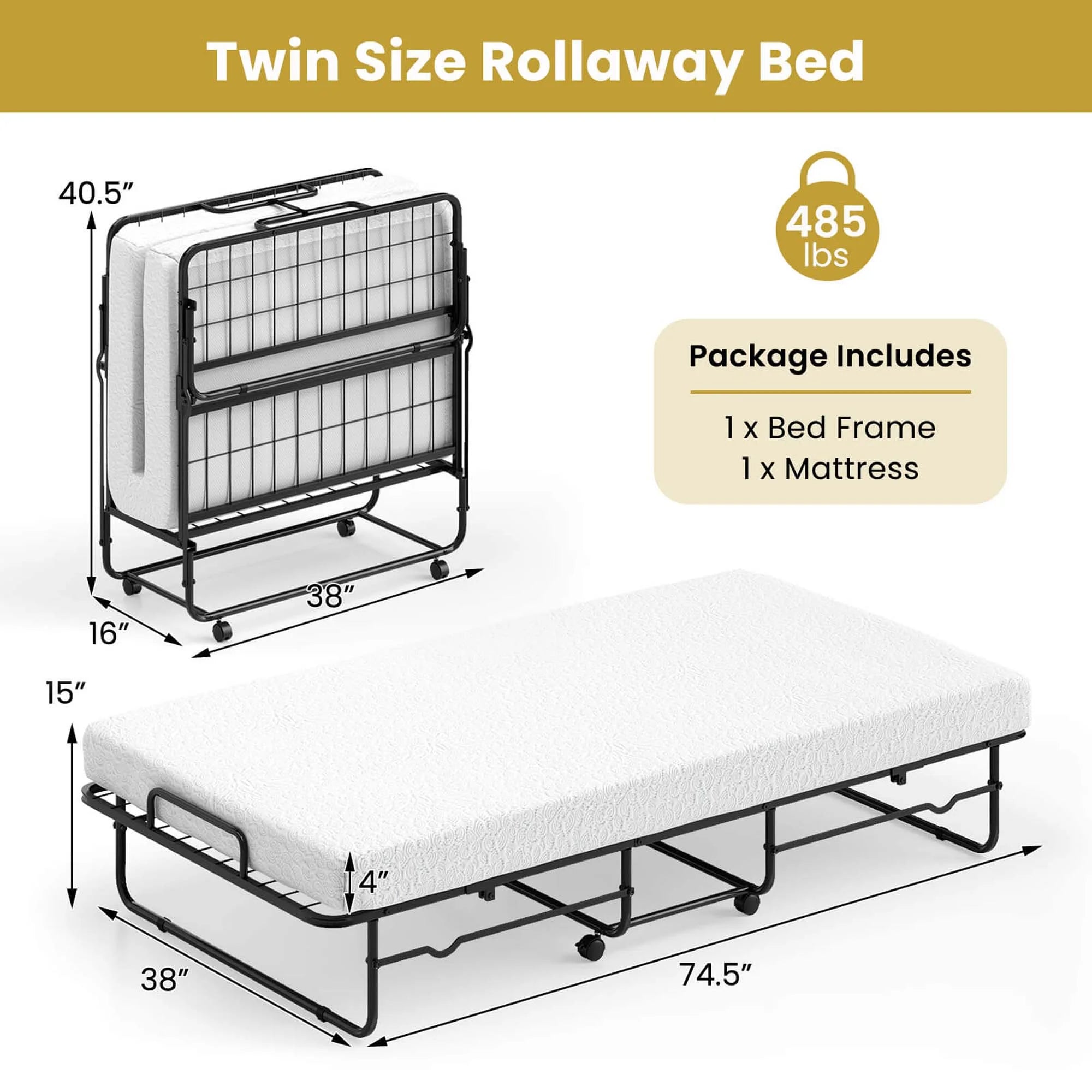 Twin Size Folding Bed 38" X 75" Rollaway Guest Bed Portable Sleeper Bed